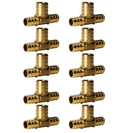 10 Pieces XFITTING 1/2" X 1/2" X 3/4" Pex Tee, Reducing Pex Tee, Brass, Pex B Crimp Version
