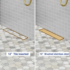 Neodrain 12-Inch Gold Linear Shower Drain, 2-in-1 Flat & Tile Insert Cover, Stainless Steel Linear Drain, Brushed Brass Rectangle Shower Floor Drain with Hair Strainer, Watermark&CUPC Certified