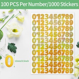 STARLIBOO 1000 PCS Holographic Gold Number Stickers, 0.5" Waterproof Vinyl, Consecutive Numbers 0-9, Self-Adhesive, Indoor/Outdoor