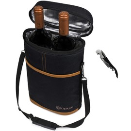 OPUX 2 Bottle Wine Tote Carrier | Insulated Wine Cooler Bag for Travel Picnic BYOB | Portable Wine Carrying Bag, Padded Protection, Shoulder Strap, Corkscrew Opener - Brown
