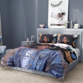 Reofrey 3-Piece Queen Comforter Set with African Women Cartoon Patterns - Queen Size Microfiber Bedding Set includes 90"x90" Comforter and 2 Pillowcases, All-Season Comfort, for Boys&Girls Room Decor…