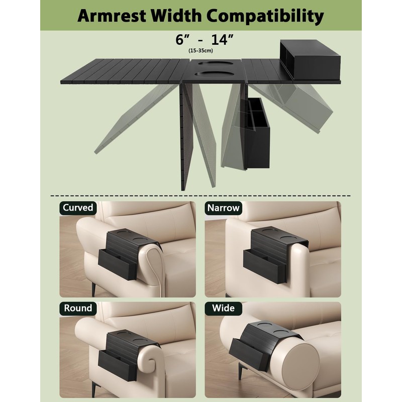 Funkup Sofa Tray Armrest with Drink Holder & Compartments, Foldable