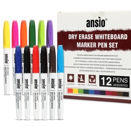 ANSIO Whiteboard Pens Pack of 12 – Assorted Whiteboard Markers with Fine Tip – Dry Wipe Pens for Whiteboard