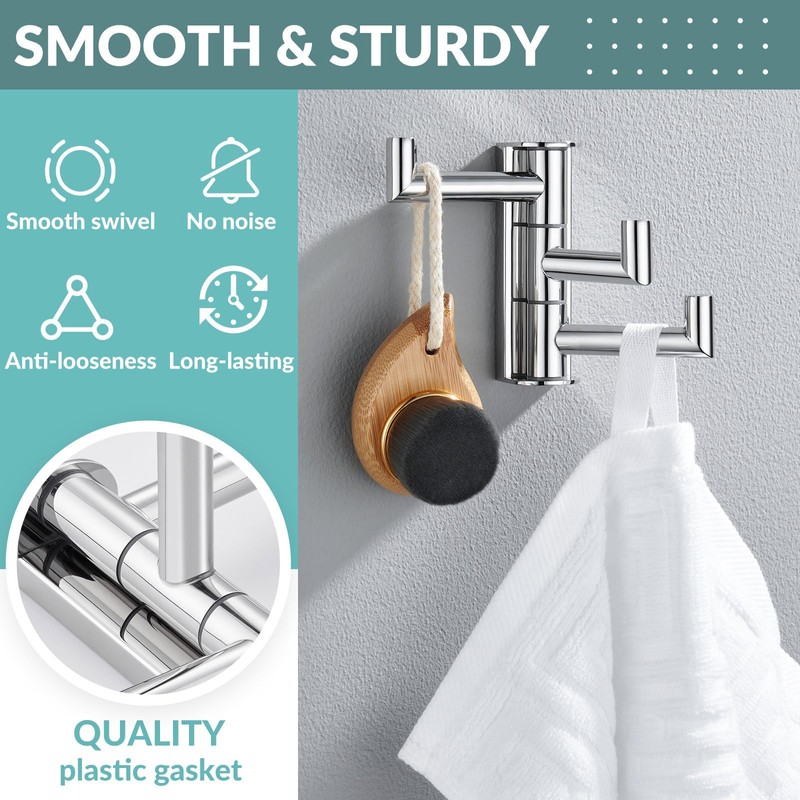 APLusee Swivel Towel Hook Polished Chrome, 304 Stainless Steel Triple