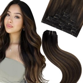 FUBILI Clip in Hair Extensions Balayage Natural Black to Chestnut Brown 12 Inch 55g 7pcs Real Human Hair Extensions Remy Hair For Women Natural Straight