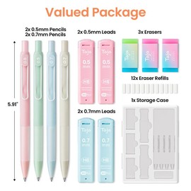 Cute Mechanical Pencil Set, 4 Pcs Pastel Mechanical Pencils 0.7 & 0.5mm with 4 Tube Leads Refills, 3 Erases & 1 Box Eraser Refills, Aesthetic pencils for Girl Boy, Back to School Supplies-Pastel