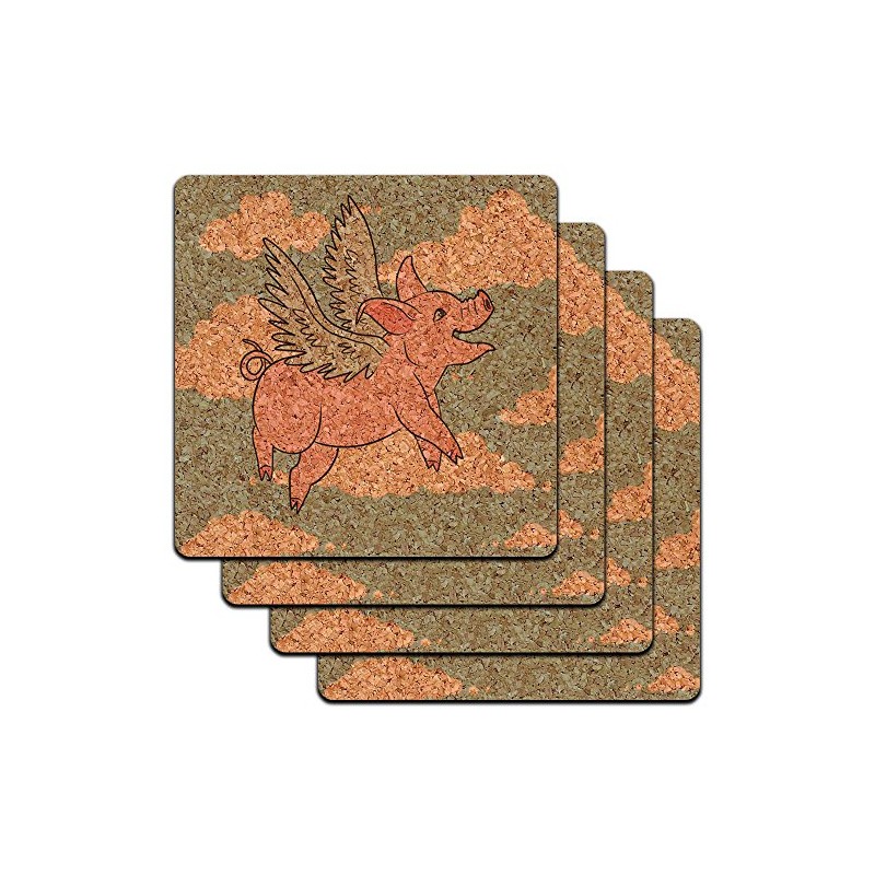 Flying Pig When Pigs Fly Low Profile Cork Coaster Set