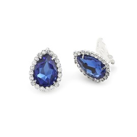 Silver Crystal Rhinestone Wrap with Sapphire Teardrop Center Clip Earrings, Rhinestone