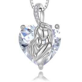 Guesma Cubic Zirconia Mother Mom Heart Necklace for Women - 12mm Solid Sterling Silver 18K White Gold Plated Mum Hold Hug Created Birthstone Pendant Anniversary Love Jewelry