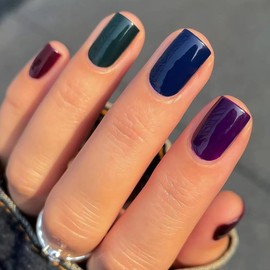 ANDGING Short Square Press on Nails Multi Color Fake Nails with Glue Acrylic Fantasy Glue on Nails with Designs Gel Classy Manicure False Nail for Women Girls Stick ons Nails for Wedding Birthday