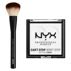 NYX Professional Makeup Combo: Polvo compacto matificante Can't Stop Won't Stop + Brocha para polvo Pro Powder Brush - 2 piezas