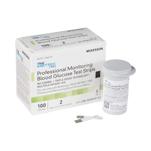McKesson True METRIX PRO Professional Monitoring Blood Glucose Test Strips - No Coding, Triple Sense Technology, Multiple Patient Use - Vials of Strips, 100 Strips, 4 Packs, 400 Total