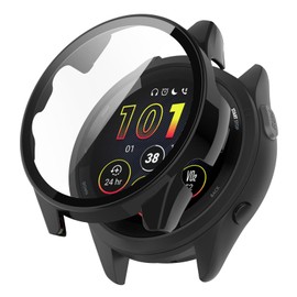 For Garmin Forerunner 165 Case, SHEAWA Cover PC+Tempered Glass Film Forerunner 165 Music Full Protection 9H Hardness Integrated Protective Case Protective Cover Shockproof Accessories (Black)