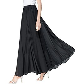 SYVENT Women's Chiffon Maxi Skirt Spring Summer Elastic Waist Lined Flared Long Skirt, Black