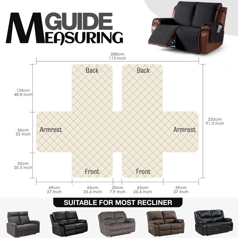 KinCam Waterproof Loveseat Recliner Cover, Non-Slip Reclining Couch Covers for