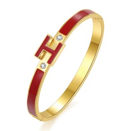 H Bracelet for Women - 18K Gold Plated Titanium Steel Cuff | Cubic Zirconia Bangle Jewelry Gift, Simple & Durable Everyday Wear (S/M/L Size), Medium, Titanium, Cubic Zirconia