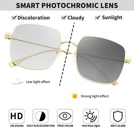 JM Photochromic Sunglasses, Blue Light Blocking Glasses for Women, Oversized Square Computer Glasses Reduce Eye Strain Grey