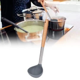 Soup Ladle, Heat Resistance Soft Silicone Soup Spoon Nonstick Wooden Handle Ladel Spoon for Kitchen Cooking
