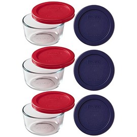 Pyrex (3) 7202 1 Cup Clear Glass Storage Bowls with 7202-PC (3) Red & (3) Blue Plastic Lids, Made in USA