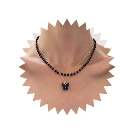 Cybche Boho Layered Black Crystal Butterfly Necklace Gold Black Butterfly Pendant Necklace Black Beaded Choker Necklace Butterfly Chain Necklace Bead Station Necklace Jewelry for Women