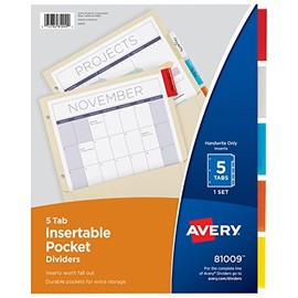 Avery Insertable Dividers with Pockets, Manila Paper, 5 Multicolor Tabs, 1 Set (81009)