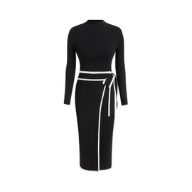 CIDER Sweater Dress for Women Long Sleeve Dress Mock Turtleneck Bow Tie Midi Work Dresses Old Money Business Casual: Black, L
