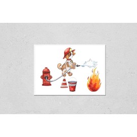 Poster Reproduction of Watercolor cartoon cute composition Firefighting and fire safety equipment illustration. Fire helicopter, dog, helmet, hose, column, fire extinguisher Variation Number 2