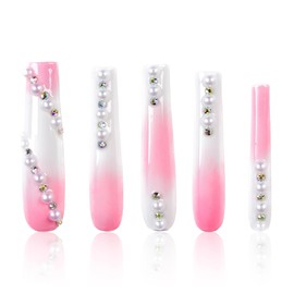 Tmani Juego De 10 Uñas Postizas Extralargas Hechas A Mano, Estilo Ballet, Cuadradas Y Largas, Con Purpurina De Diamante, Ideales Para Fiestas Y Cumpleaños (Talla L, 097)