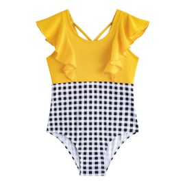 LIZENS Girls One Piece Swimsuit with Bright Colors Kids Swimwear Ruffle Swimsuit Beachwear(LG109-1,10-12T) Yellow