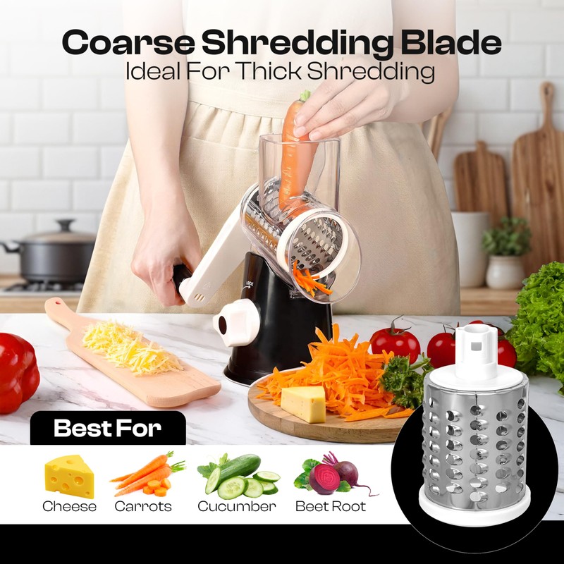 Reecaz Rotary Cheese Grater with 3 Stainless Steel Blades –