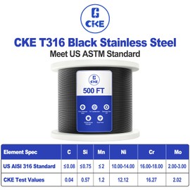 CKE 500FT 1/8" Black Stainless Steel Cable Railing System Hardware, T316 Stainless Steel Cable Wire Rope, 1850 lb Breaking Strength, 7x7 Strands Black Aircraft Cable for Deck Stair Fence Railing, BCW6