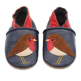 Dotty Fish Soft Leather Infant Shoes Unisex pre-Walkers. Red Robin on Navy Blue Shoe. 2-3 Years