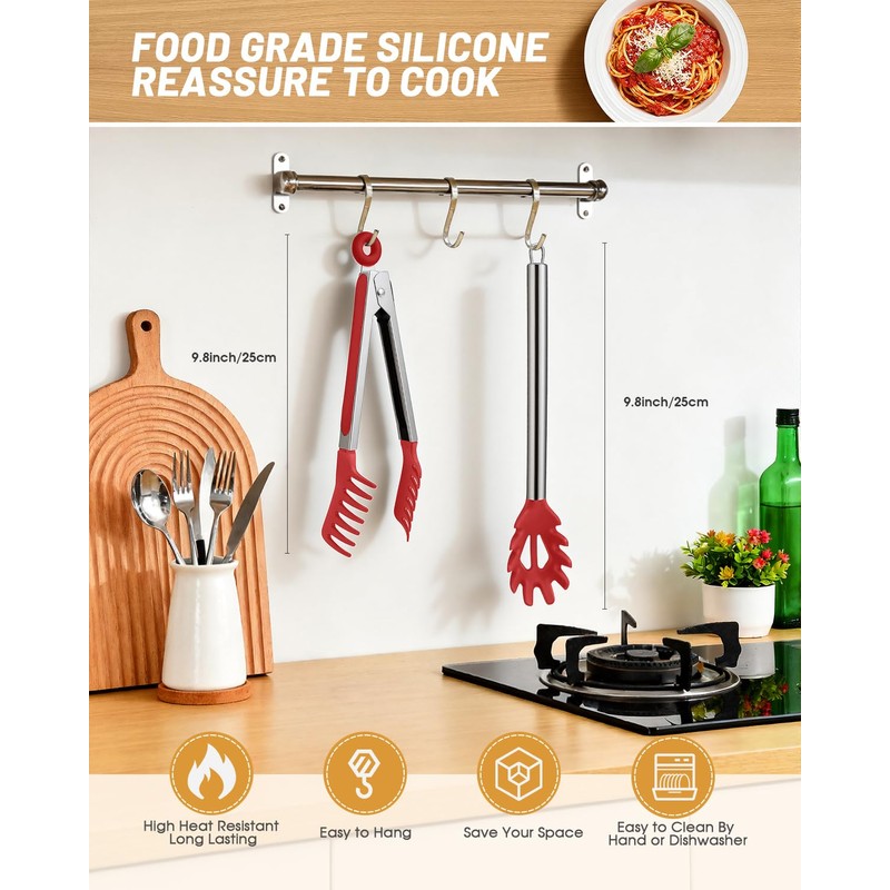 Spaghetti Spoon and Pasta Tong with Teeth and Drain Holes,
