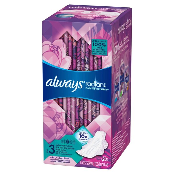 Always Radiant Size 3 Extra Heavy Flow, Light Clean Scent, 22 Pads (Pack of 2)