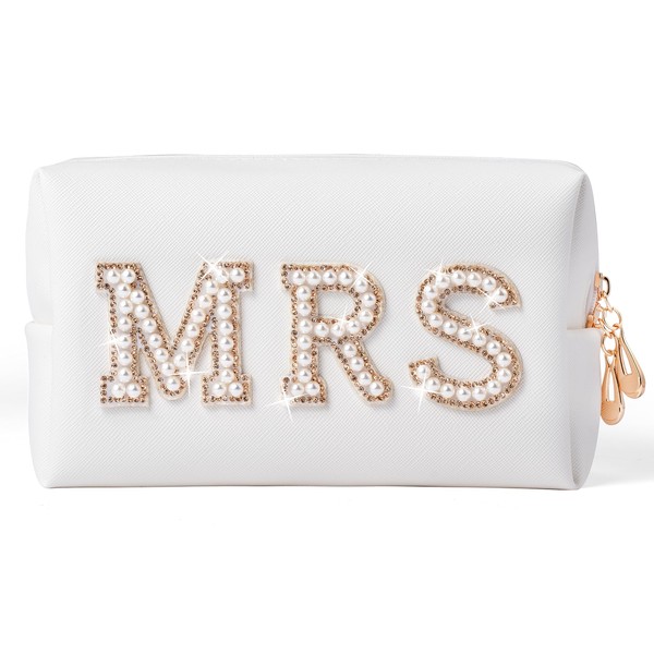 Y1tvei Large Bride Gold MRS Patch Varsity Letter Cosmetic Toiletry Pearl Rhinestone Letter Patches Makeup Bag PU Leather Waterproof Portable Zipper Big Travel Organizer for Wedding Bride Bridesmaid