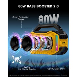ANCOON Speakers Bluetooth Wireless: 80W(Peak) Loud Speaker with Bass, 20H Playtime, IPX6 Waterproof, Large Jobsite Speakers for Work, Outdoor, Workshop, Garage, Portable Speaker with TWS (Yellow)