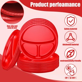 Umigy 100 Pcs 10 Inch 3 Compartments Divided Plastic Plates Bulk, Colorful Disposable Plates Heavy Duty Round Dinner Plates for Valentine's Day Wedding Birthday Party Dinnerware(Red)