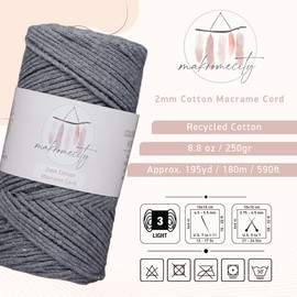 Makromecity, Cotton Macrame Yarn 2 mm x 180 m Dark Grey Recycled Cotton for Crocheting Cotton Macrame Cord for Crafts Home Decorations Place Plate Shoulder Bag Crochet Bags Runner