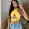 ZAFUL Womens Ribbed Halter Crop Top Ruched Lace-up Cropped Cami