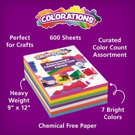 Colorations Colorations Construction Paper for Kids - 7 Bright Colors - 600 Bulk Sheets of 9"X12" - Assorted Pack of Heavy-Duty Craft Paper, Bulk School Supplies