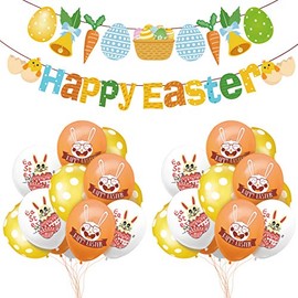 Mity rain Spring Easter Party Decorations - Happy Easter Banner/Colorful Bunny Egg Pattern Bunting Garland/Colorful Rabbit Balloons for Easter Home Party Supplies