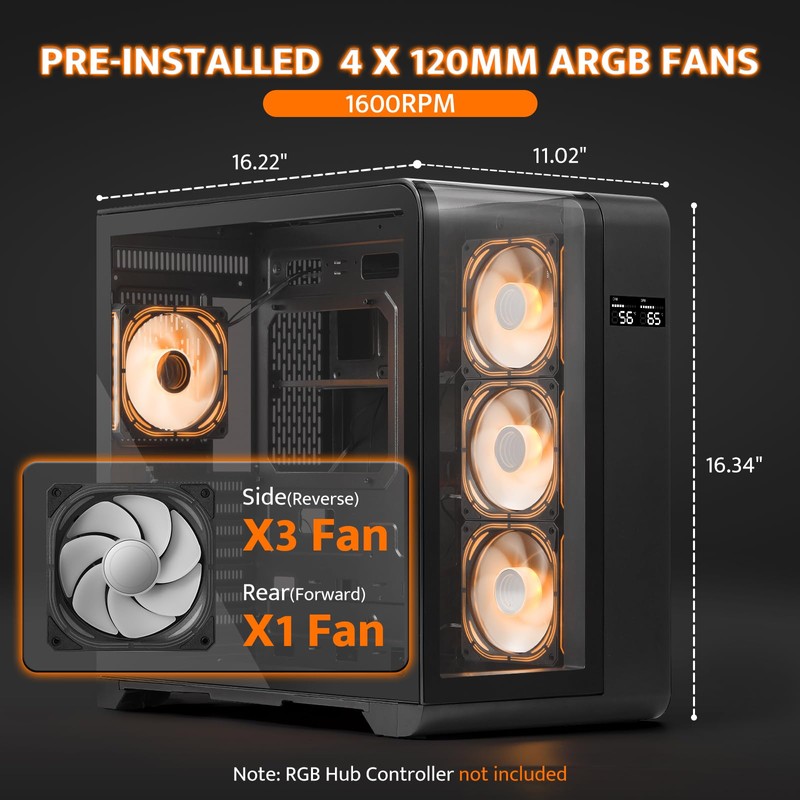 darkFlash ATX Mid-Tower PC Case with Screen, Three Side Glass,