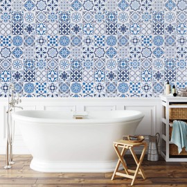 197"x 17.7"Blue Pattern Contact Paper Glossy Surface Waterproof Contact Paper Decorative Self Adhesive for Kitchen Bathroom Counters Removable Counter Paper Peel and Stick Wallpaper Easy to Clean