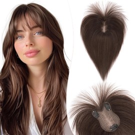 Silk-co Hair Topper Real Hair 21 g, 8 x 11 cm Hand-Tied Base Toupee Women, Clip-In Hairpieces with Lace Silk Base, with Fringe, 27 cm, #02 Dark Brown