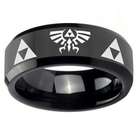 GAUEIOUR Triangle Logo Zelda Black Tungsten Rings Classic Game Black Stainless Steel Fashion Matte Bands Wedding Ringf for Woman Men Accessory, Jewelry Gifts for Gaming Enthusiasts