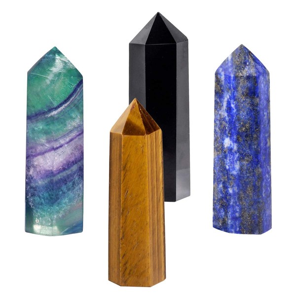 SUNYIK Gemstone Healing Crystal Points Wand, Single Terminated Wand Prism for Meditation, Tiger's Eye Black Obsidian Lapis Lazuli Fluorite, Pack of 4
