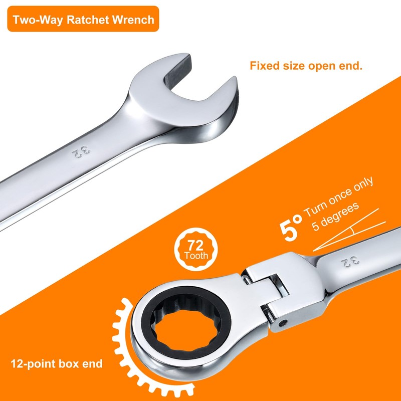 HARFINGTON Flex-Head Ratcheting Wrench 32mm 180° Rotating Head Metric Ratchet