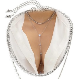 INLOLLY Long Y-Shaped Rhinestone Necklace for Women Trendy Gold Silver Lariat Y Shape Necklaces Layered Choker Stackable Fashion Dainty Aesthetic Jewelry Gifts, Metal, Rhinestone