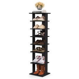 Byroce 7 Tiers Vertical Shoe Rack, Wooden Slim Shoe Storage Shelf, Narrow Shoe Stand Tower for Boots, Space Saving Shoe Organizer for Closet, Entryway, Front Door (Small, Black)