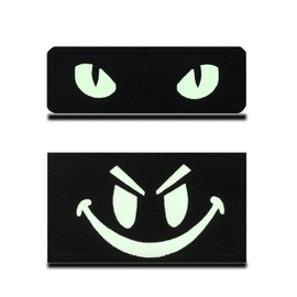 Reflective Black Smiling Face and Cat Eyes Fun Patch Embroidered Appliques for Clothing Bags Backpack Uniform Vest Dog Harness Helmet Military Tactical Pack of 2